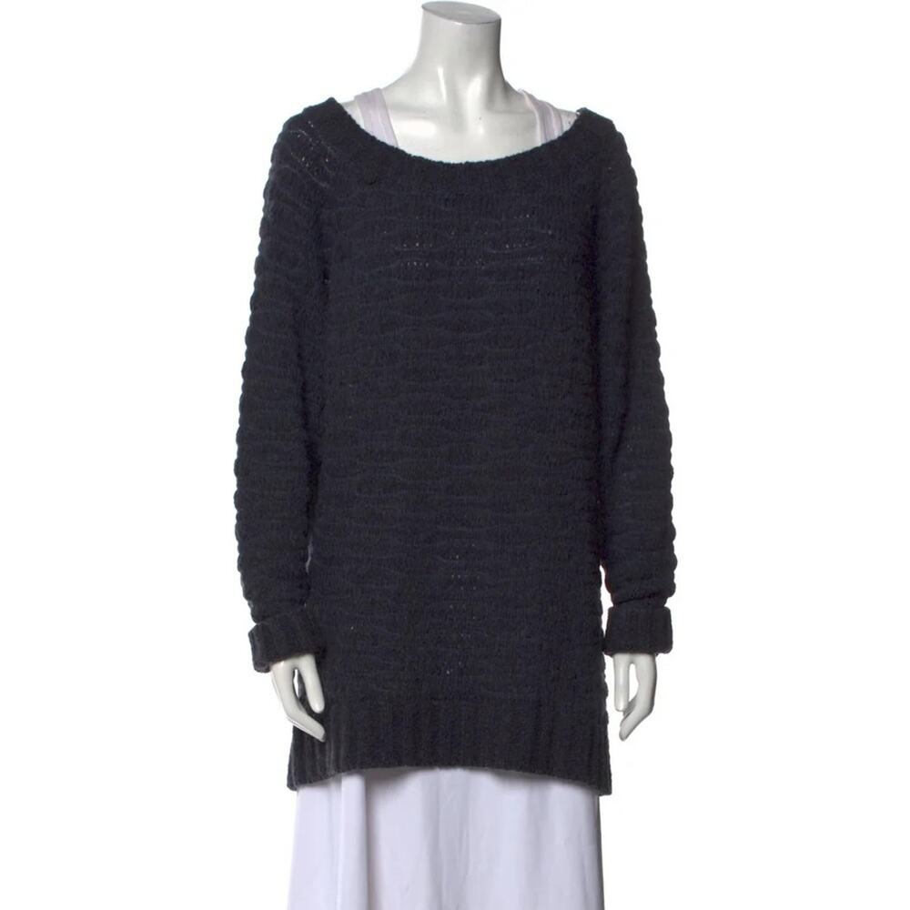 Donna Karan Navy Blue Bateau Neck Texture Knit Chunky Sweater Large Italy